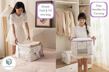 Canvas Storage Bags Designer Organizer 2 Pack – Seasonal Storage for Sweaters, Blankets, Linens & Garments – Foldable Design with Zip & Window (Purple Floral Print)