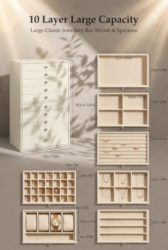 GUKA Large Jewelry Box, Jewelry Case with 10 Drawers for Big and Small Jewelry, Jewelry Storage Organizer for Watch Earrings Necklace Rings Bracelets, Birthday Wedding Gifts, White