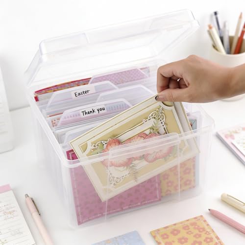 Greeting Card Storage & Organizer Box with 6 Removable Dividers for Holiday Birthday Get Well Cards Photos, Crafts, Scrapbooking(Clear)
