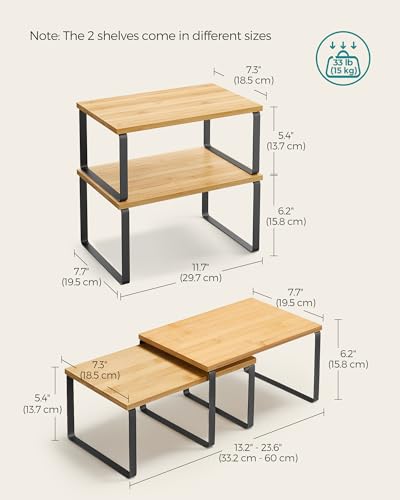 SONGMICS Cabinet Organizer Shelf, Set of 2 Kitchen Counter Shelves, Kitchen Storage, Spice Rack, Stackable, Expandable, Metal and Engineered Wood, 11.7 Inches, Ink Black and Natural Beige UKCS02NB