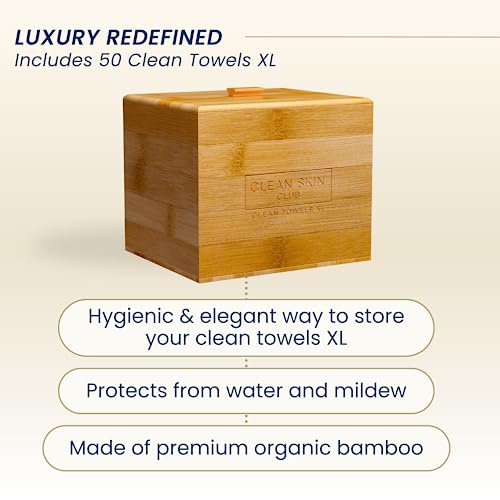 Clean Skin Club Luxe Bamboo container with Removable Cover includes Clean Towels® Original XL 50 Count, Disposable Face Towel Holder for Bathroom Counter