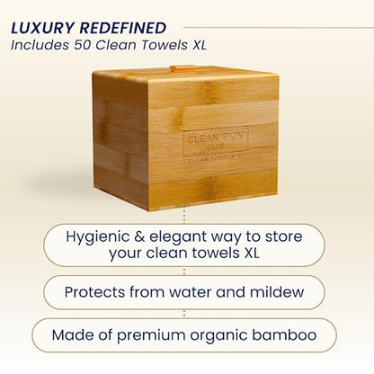 Clean Skin Club Luxe Bamboo container with Removable Cover includes Clean Towels® Original XL 50 Count, Disposable Face Towel Holder for Bathroom Counter