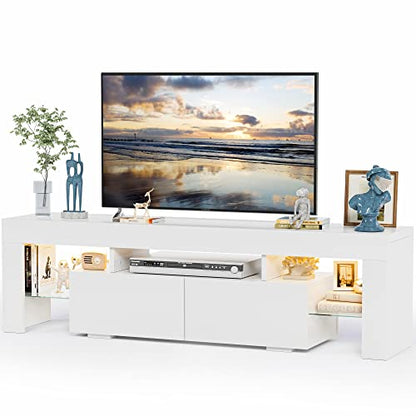 JUMMICO TV Stand with LED Lights, Modern Entertainment Center Media and Open Shelf Console Table Storage Desk with 1 Drawer and Remote Control 20 Color LED Lights up to 70 Inch TV (White)