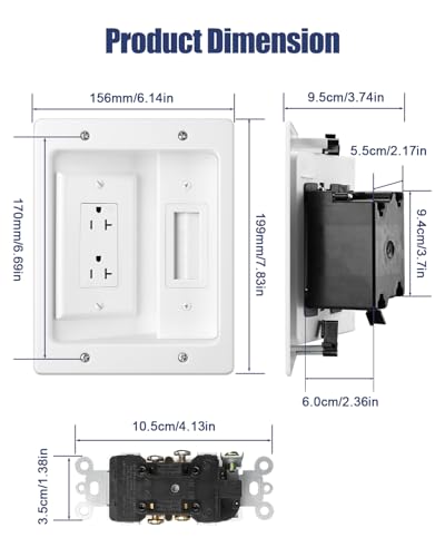 Wall Cable Concealer Kit, in Wall Cable Management Kit for TV, Recessed Outlet with Cable Management Box, in Wall Power Kit Hides TV Cords and Cables, Fits All Plugs, White