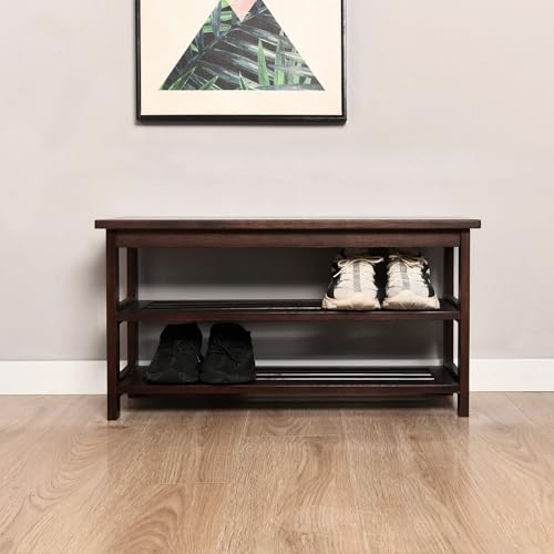 Wood Shoe Bench Rack, USA Grown Hickory, Entryway Bench with Shoe Storage, Mud Room Bathroom, Front Door, Outdoor/Indoor, Dark Walnut(Black)