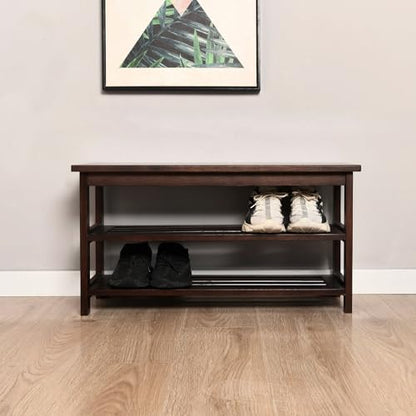 Wood Shoe Bench Rack, USA Grown Hickory, Entryway Bench with Shoe Storage, Mud Room Bathroom, Front Door, Outdoor/Indoor, Dark Walnut(Black)