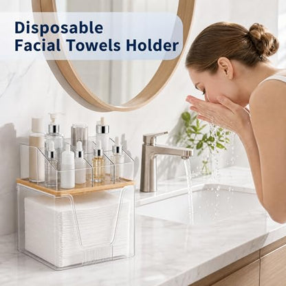 Disposable Facial Towel Holder, 2 Tier Cosmetic Storage Organizer Box | Clear box with Bamboo Lid Compatible with Clean Skin Club Towel XL, Skincare Organizer for Vanity Bathroom Countertop, 1 Pack