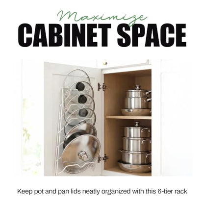 Evelots 6 Pot Lid Organizer for Cabinet Door or Pantry Wall - Closet Door Pots and Pans Lids Holder - Glass or Metal Pan Covers Cabinet Organizer Kitchen Storage - White 6 Tier Lid Rack