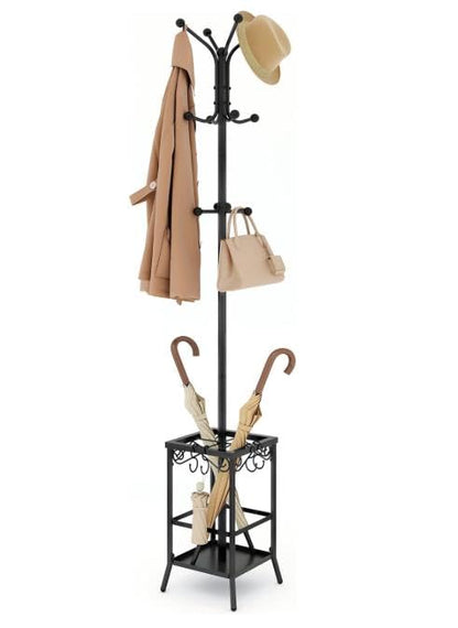 Hoctieon Coat Rack Freestanding, Coat Tree with Umbrella Holder, Metal Coat Rack Stand with 12 Hooks, Standing Coat Hanger Stand, Umbrella Stand for Entryway, Hat Rack Stand for Home Office, Black