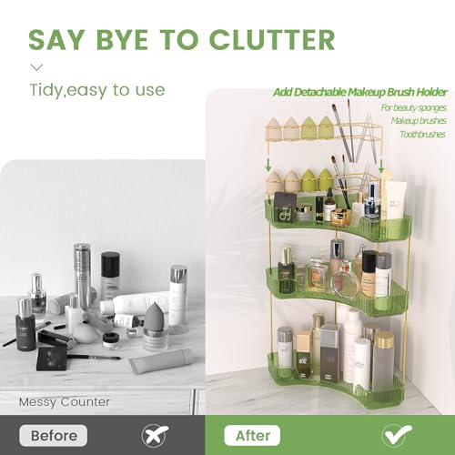 Makeup Organizer 3 Tier Bathroom Counter Organizer with Makeup Brush Holder | Corner Bathroom Organizer Countertop, Acrylic Counter Storage for Bathroom Dresser, Skincare Perfume Organizer- Green
