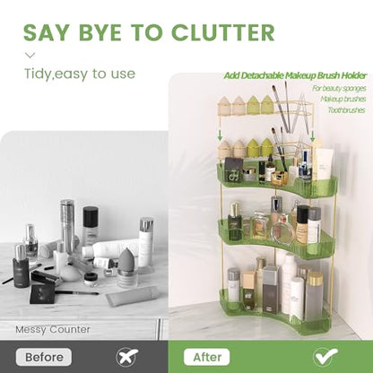 Makeup Organizer 3 Tier Bathroom Counter Organizer with Makeup Brush Holder | Corner Bathroom Organizer Countertop, Acrylic Counter Storage for Bathroom Dresser, Skincare Perfume Organizer- Green