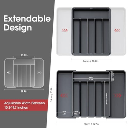 Aujen Silverware Drawer Organizer, Adjustable Utensil Cutlery Tray | Expandable Kitchen Organizer for Forks, Knives, Multipurpose Kitchen Storage , Apartment Essentials, Black, Large