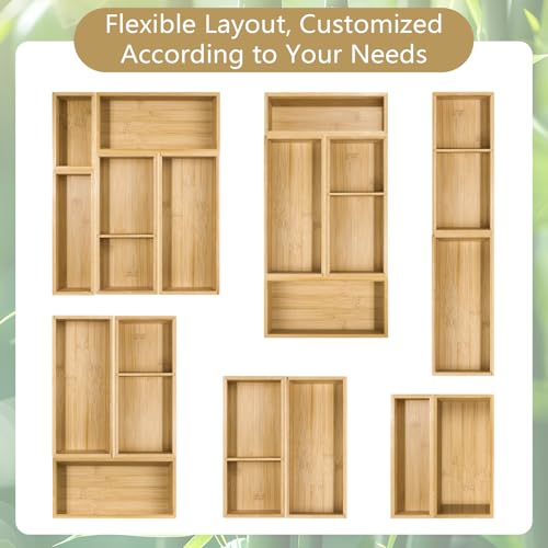 5 Pack Bamboo Drawer Organizer Set, Multi-Use Junk Drawer Organizer for Bathroom, Kitchen, Office, Jewelry, Makeup