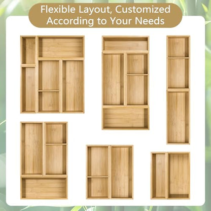 5 Pack Bamboo Drawer Organizer Set, Multi-Use Junk Drawer Organizer for Bathroom, Kitchen, Office, Jewelry, Makeup