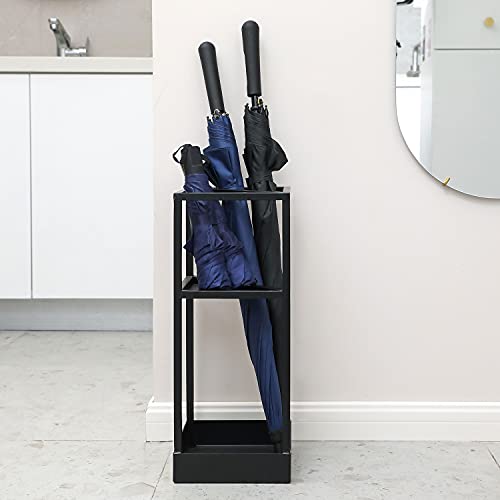 MyGift 20 Inch Tall Black Metal Geometric Umbrella Stand with Drip Tray | Dedicated Shelf For Foldable Umbrellas, Cane Storage, Drip Tray Protection, Entryway Accent, Space Saving Design