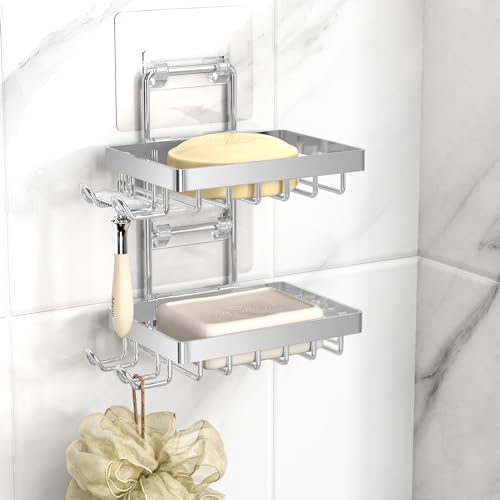 Silver Double Soap Bar Holder for Shower, No Drill... (Silver | Stainless Steel)