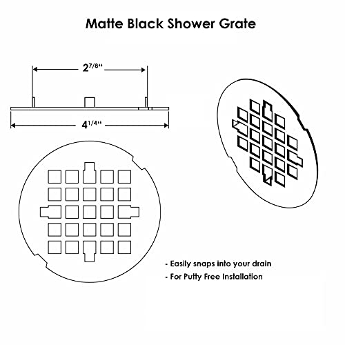 4 ¼” Matte Black Snap-in Shower Drain Cover - Premium Round Black Grate Replacement - 4.25" OD Strainer - Easy Install - Durable Solid Brass Construction