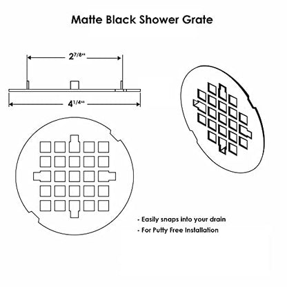 4 ¼” Matte Black Snap-in Shower Drain Cover - Premium Round Black Grate Replacement - 4.25" OD Strainer - Easy Install - Durable Solid Brass Construction