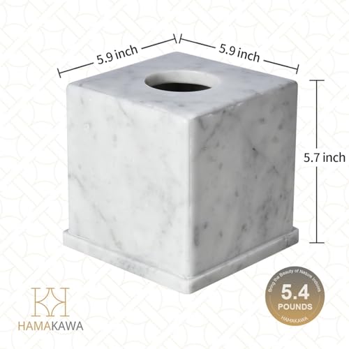Natural Marble Tissue Box Cover, Carrara White Tissue Organizer 6 x 6 x 5.7 inch, Heavy Stone Decorative Box, Square Tissue Box Holder for Home Decor, Kitchen, Bathroom, Bedroom