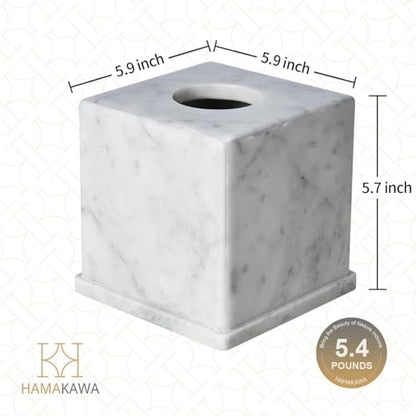 Natural Marble Tissue Box Cover, Carrara White Tissue Organizer 6 x 6 x 5.7 inch, Heavy Stone Decorative Box, Square Tissue Box Holder for Home Decor, Kitchen, Bathroom, Bedroom
