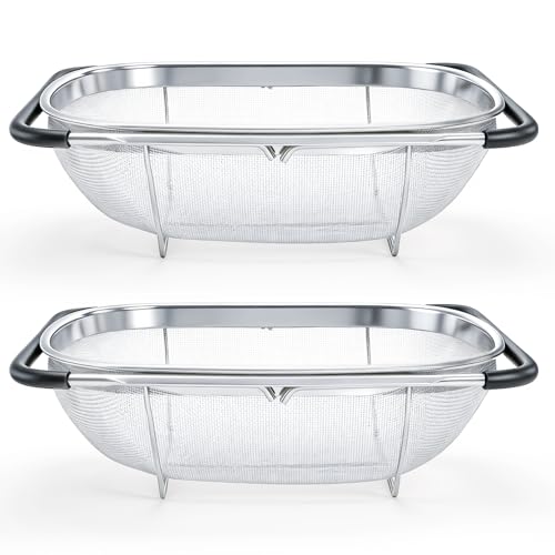 2 Pack Over the Sink Oval Colander for Kitchen, Stainless Steel Fine Mesh 6 Quart Strainer Basket with Expandable Rubber Grip Handles for Straining, Draining, Rinsing Fruits, Vegetables