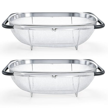 2 Pack Over the Sink Oval Colander for Kitchen, Stainless Steel Fine Mesh 6 Quart Strainer Basket with Expandable Rubber Grip Handles for Straining, Draining, Rinsing Fruits, Vegetables