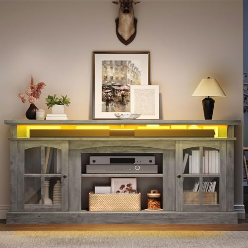 LED Farmhouse TV Stand for 75 Inch w/Outlets, Mode... (Grey | Engineered Wood)