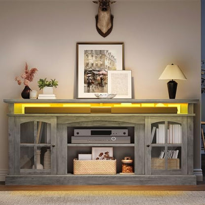 LED Farmhouse TV Stand for 75 Inch w/Outlets, Mode... (Grey | Engineered Wood)
