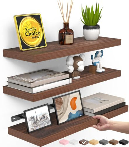BAYKA Walnut-Like Floating Shelves 15.7in, 3 Pack, Wall Mount Rustic Shelf | 22lbs Max Load, Hidden Bracket, for Bathroom Bedroom Kitchen Display Storage Decor, Easy Install, Multi-Wall Compatible