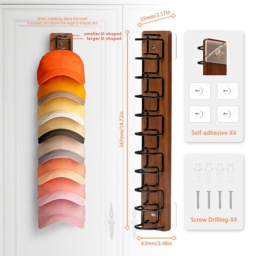 2 Pack Hat Organizer for Baseball Caps, Wood & Metal Hat Rack for Wall, Hat Storage for 22 Caps with Strong Adhesive/Wall Drilled for Door, Wall and Closet (Brown)