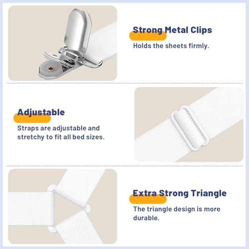Adjustable Bed Sheet Straps, Elastic Fasteners with Metal Clips, Sheet Grippers and Corner Keepers for Mattress Cover, Firm Tight Mattress Sheet Suspenders (Triangle White 8 Pcs)