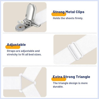 Adjustable Bed Sheet Straps, Elastic Fasteners with Metal Clips, Sheet Grippers and Corner Keepers for Mattress Cover, Firm Tight Mattress Sheet Suspenders (Triangle White 8 Pcs)