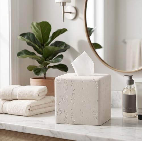 Tissue Box Cover Square, Modern Facial Tissue Holder,Cream | Luxurious Travertine Stone Look, Decorative Toilet Paper Dispenser, For Home Decor Bedroom Living Room Office Hotel Cafe Bar