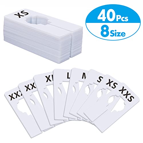 40 Pack Rectangular White Plastic Clothing Size Closet Rack Dividers Hangers, Preprinted in 8 Sizes XXS, XS, S, M, L, XL, XXL, XXXL (2.5”x 5”, Inner Diameter 1.38”)