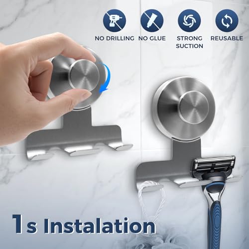 Suction Cup Razor Holder for Shower,Heavy-Duty 7KG Suction Hooks for Razor,Towel,Loofah,Removable Damage-Free Metal Shower Hook,Shaver Holder,2 Pack(Brushed Silver)