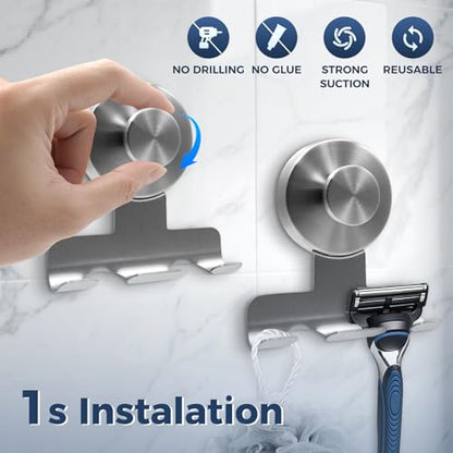 Suction Cup Razor Holder for Shower,Heavy-Duty 7KG Suction Hooks for Razor,Towel,Loofah,Removable Damage-Free Metal Shower Hook,Shaver Holder,2 Pack(Brushed Silver)