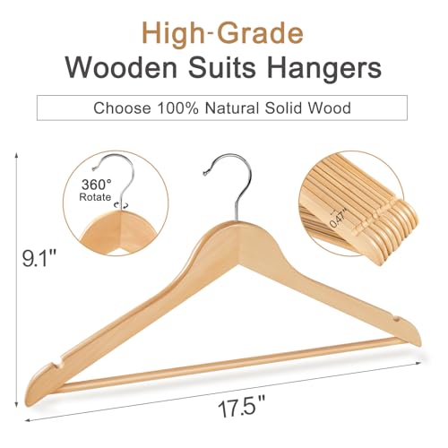 TOPIA HANGER Wooden Hangers 30 Pack, Wood Clothes Hanger Natural | Durable Coat Hanger, 360-Degree Rotatable Hook, Non-Slip Pants Bar, Shoulder Notches for Camisole Tops-CT34N30