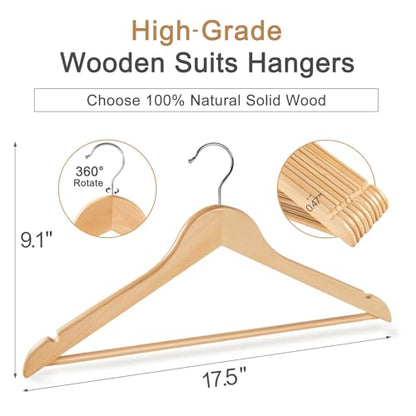 TOPIA HANGER Wooden Hangers 30 Pack, Wood Clothes Hanger Natural | Durable Coat Hanger, 360-Degree Rotatable Hook, Non-Slip Pants Bar, Shoulder Notches for Camisole Tops-CT34N30