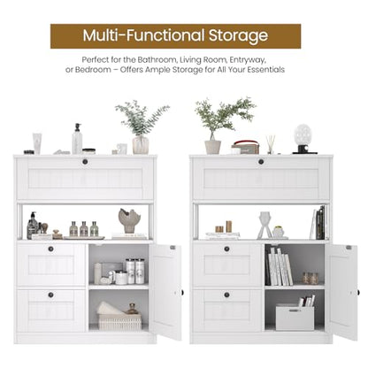 Bathroom Cabinet, Modern Bathroom Floor Storage Cabinet Organizer with 1 Door and 3 Drawers, Freestanding Cupboard for Kitchen/Living Room Use