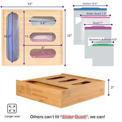 Baggie Organizer for Drawer Compatible with Ziplock Bags | Kitchen Sandwich Bag Organization|Food Storage Plastic Bag for Pantry|Wooden, Bamboo