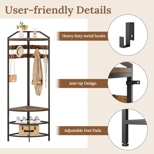 GiftGo Corner Hall Tree with Shoe Bench Entryway Coat Rack with 10 Metal Movable Hooks Floor Standing Clothes Rack Shoes Shelf Organizer for Home Office Bedroom (Rustic Brown)