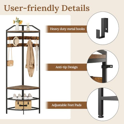 GiftGo Corner Hall Tree with Shoe Bench Entryway Coat Rack with 10 Metal Movable Hooks Floor Standing Clothes Rack Shoes Shelf Organizer for Home Office Bedroom (Rustic Brown)