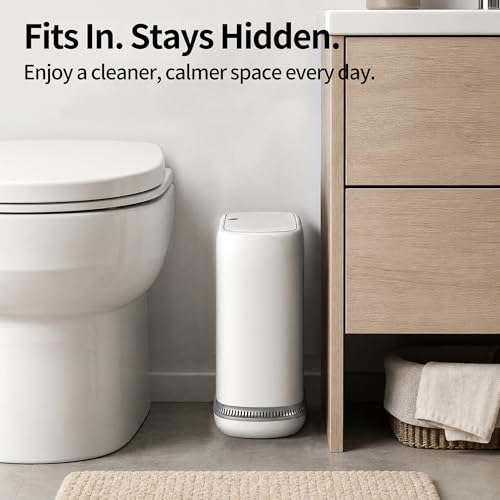 Small Bathroom Trash Can with Lid, 2.3 Gallon Slim Trash Can, Narrow Garbage Can with Hidden Liner & Auto-Smooth Bag Fit, Press-to-Open Lid, White, for Bathroom, Bedroom, Office, Kitchen