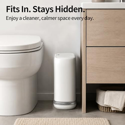 Small Bathroom Trash Can with Lid, 2.3 Gallon Slim Trash Can, Narrow Garbage Can with Hidden Liner & Auto-Smooth Bag Fit, Press-to-Open Lid, White, for Bathroom, Bedroom, Office, Kitchen