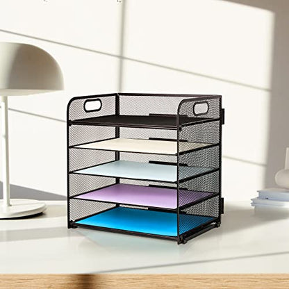 5 Trays Paper Organizer Letter Tray with Handle-Mesh Desk File Holders, Paper Sorter Desk Organizer for Office, Home, Classroom or School