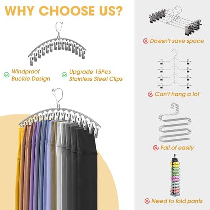 Upgrade Skirt Pants Hangers with Clips, Metal Legging Organizer for Closet with 15 Cilps Holds 60 Leggings/Shorts/Jeans/Skirts Pants Hangers Space Saving Closet Organizers and Storage, Grey 4Pack