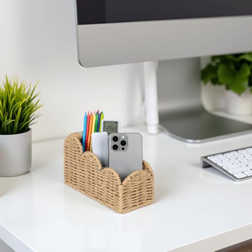 CubesLand Bedside Table Desk Organizer Caddy, Remote Pen&Pencil Holder Cup | Makeup Brush Holder w/Scalloped Perfect for Home, Office Desk, Living Room Table Decor, 3 Slots Beige