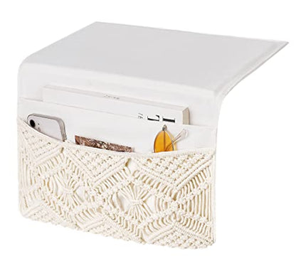 Mkono Macrame Bedside Caddy, Boho Bed Storage Organizer, 4 Pockets Ivory | Dorm Room Bed Caddy, Home Decor, Remote Control Magazine Glasses, Bedroom Living Room, Non-Slip, Space Saving Holder