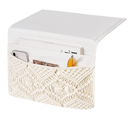 Mkono Macrame Bedside Caddy, Boho Bed Storage Organizer, 4 Pockets Ivory | Dorm Room Bed Caddy, Home Decor, Remote Control Magazine Glasses, Bedroom Living Room, Non-Slip, Space Saving Holder