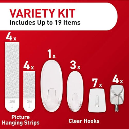 Command Clear Variety Pack, Including 8 Pairs of Picture Hangers, 4 Clear Wire Hooks and 11 Wall Hook for Hanging Back to School Dorm Organizers, Damage-Free Hanging Up to 19 Items